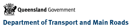 Logo of the Queensland Government Department of Transport and Main Roads, with the text "Queensland Government" and "Department of Transport and Main Roads" in blue and black fonts respectively.