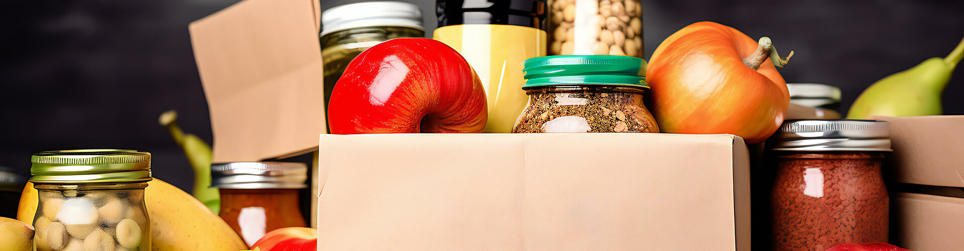 A collection of grocery items including jars, bottles, a red apple, and an onion, partially packed in brown paper bags.