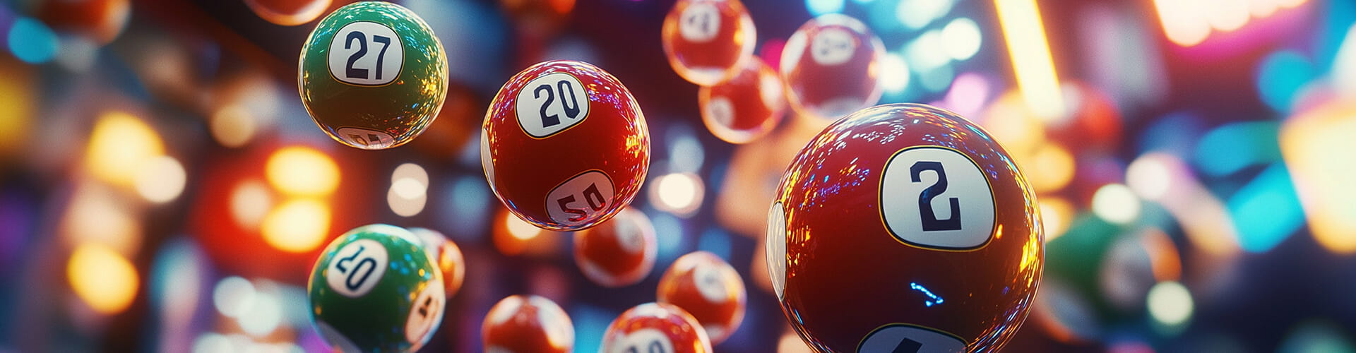 Colorful lottery balls with numbers, including 2, 20, 27, and 50, suspended in mid-air with a blurred background of vibrant lights.
