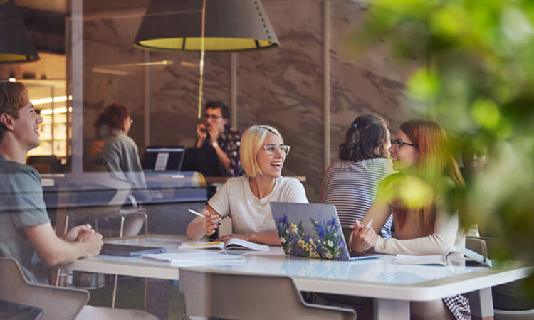 People sitting at a table with laptops and notebooks, engaged in discussion in a well-lit room.