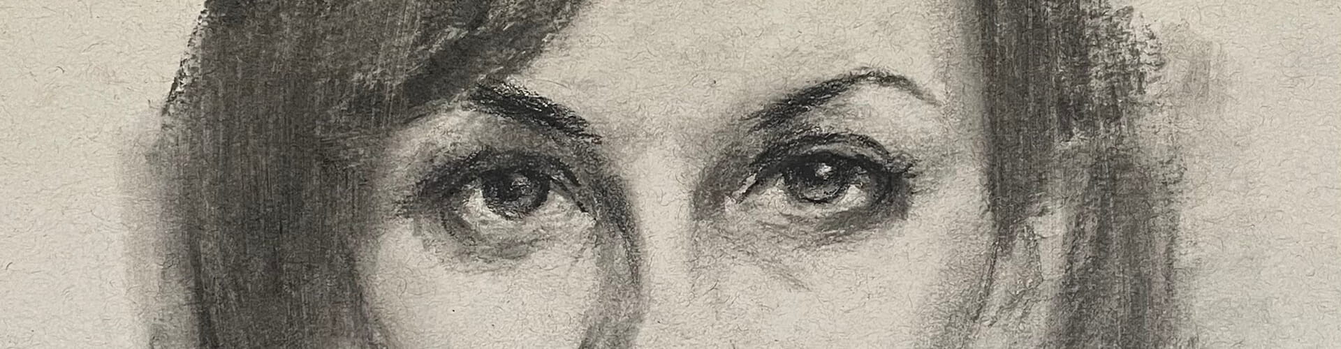 Black and white sketch of a person's eyes and eyebrows, slightly tilted head, with textured shading and detailed expression.
