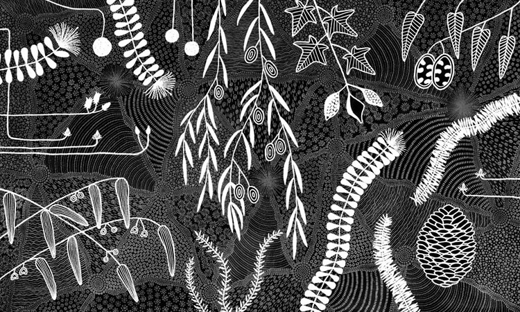 Monochrome botanical pattern with various stylized plant elements on a textured background, including leaves, seeds, and abstract shapes.