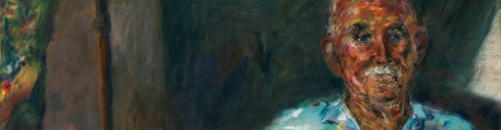 A painted portrait of an older man with short hair and a mustache, wearing a light-colored shirt, set against a dark background.