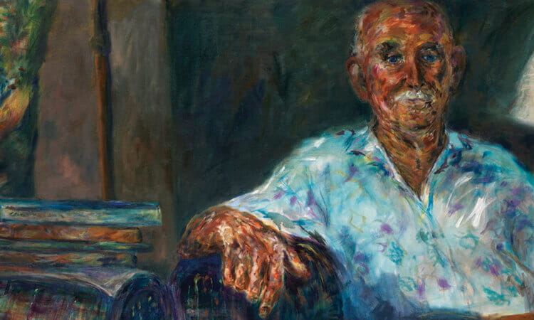 A painted portrait of an older man with a mustache sitting on a couch, wearing a light-colored patterned shirt, with his arm resting on the armrest.