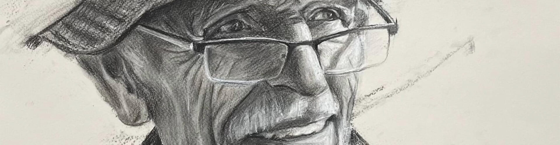 Pencil sketch of an elderly person wearing glasses and a cap, looking upwards with a slight smile.