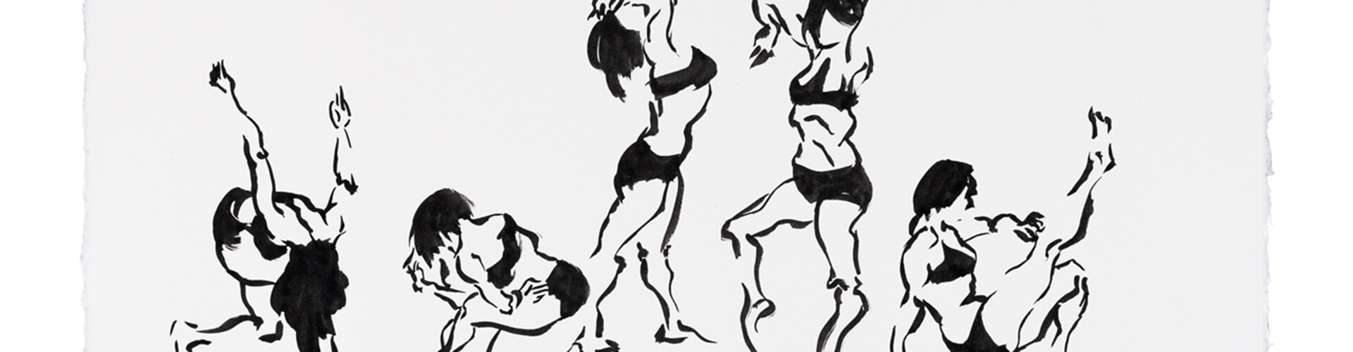 Ink drawing of five abstract human figures in dynamic poses, depicting movement and balance, each wearing minimal clothing against a plain white background.