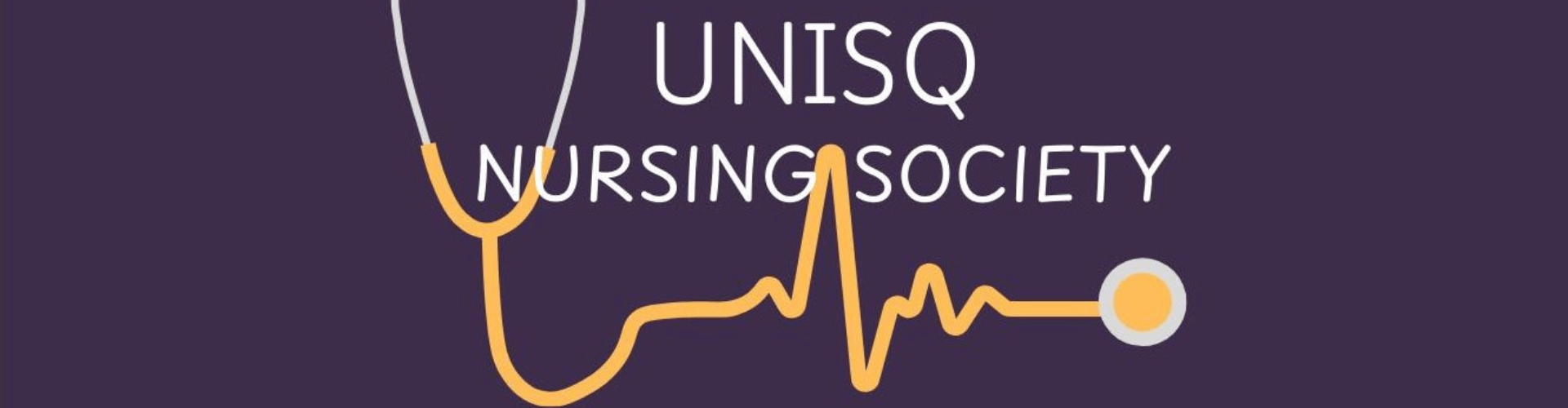 Graphic with a stethoscope forming a heartbeat line and the text "UNISQ Nursing Society" on a dark background.