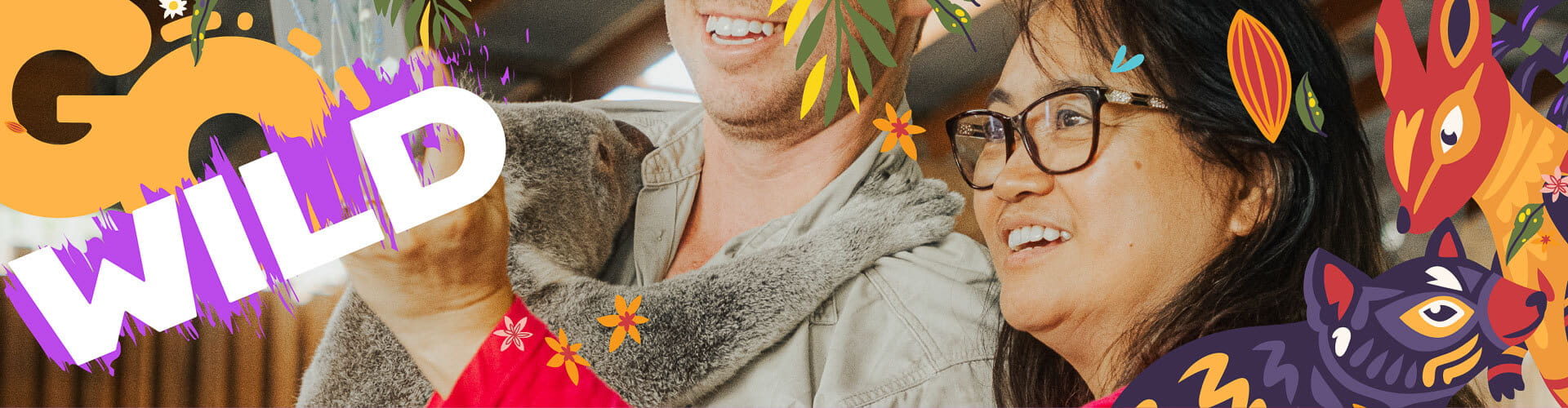 Two people smile while holding a koala, surrounded by colorful, cartoon-style animal and plant illustrations with the words "GO WILD" in bold text.