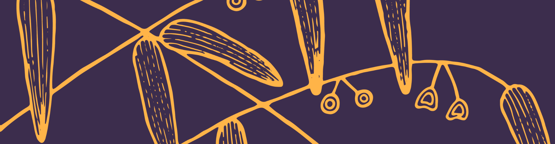 Abstract illustration featuring orange, hand-drawn botanical shapes and lines on a dark purple background.