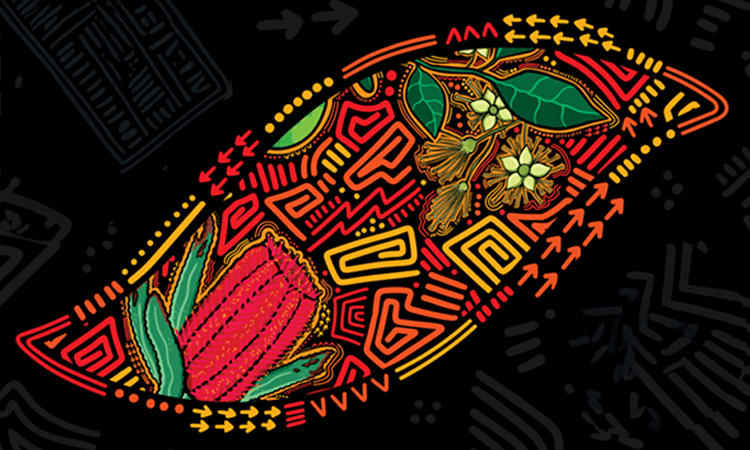 A colorful, patterned illustration of a leaf featuring geometric designs, a red flower, and small yellow blossoms on a black background which is the artwork for the theme for National Reconciliation Week.