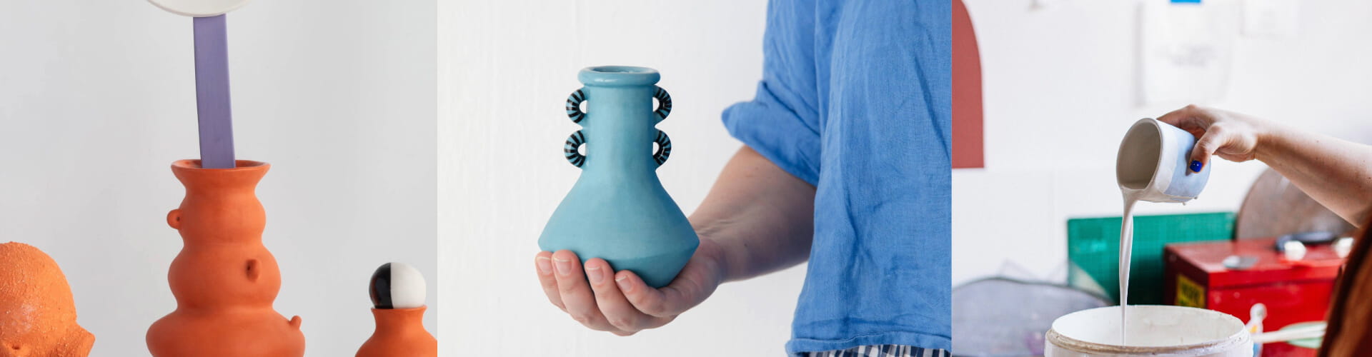 Three images: a vibrant orange vase with a purple handle, a person holding a small blue vase with circular accents, and a hand pouring liquid from a cup into a bowl.