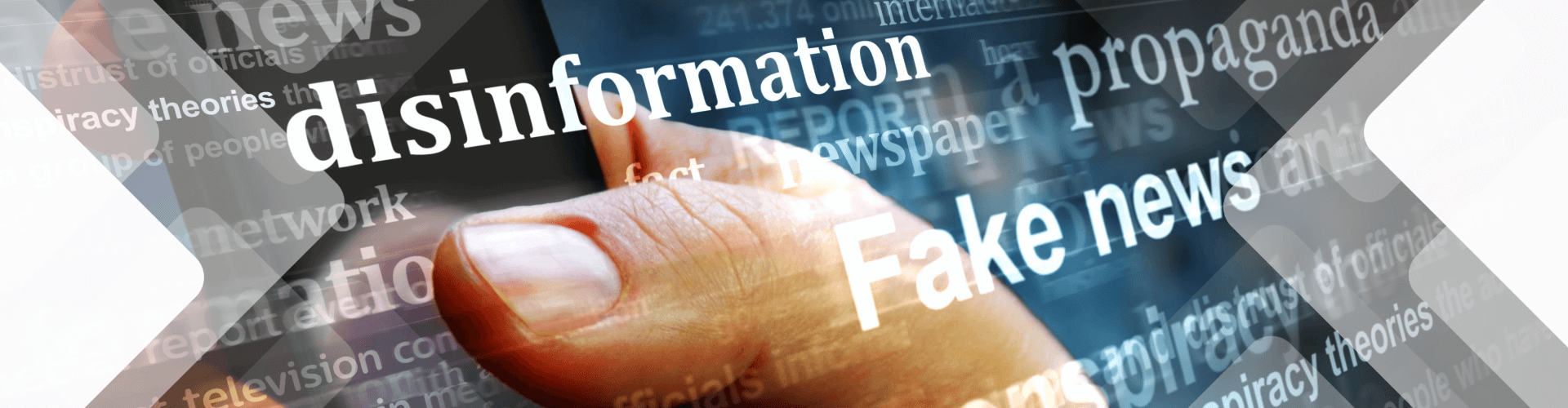 A hand touching a digital screen with overlapping words such as "disinformation" and "Fake news" displayed prominently.