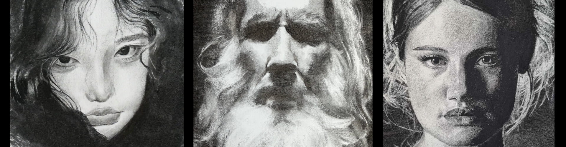 Three black and white portrait sketches: a person with long hair, a person with a beard, and another person with tied-back hair, all with serious expressions.