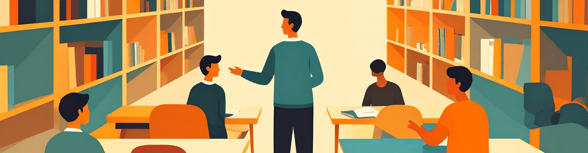 Illustration of a teacher standing and speaking to four students seated at desks in a library or classroom with bookshelves.