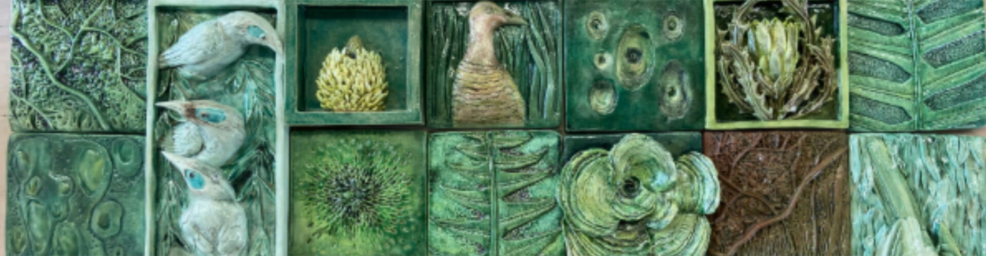 A collage of various green-toned nature-themed panels, featuring birds, leaves, and abstract patterns.