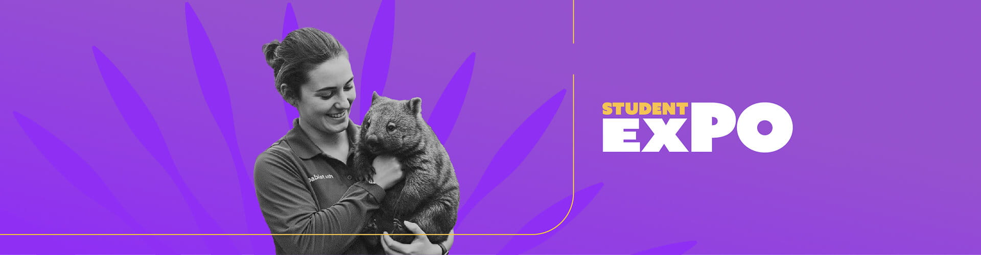 A person in uniform holds a wombat and smiles. The background is purple with the text “Student Expo” in bold white and yellow letters.