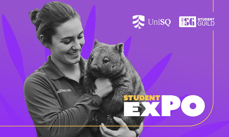 A woman holds a wombat and smiles. The image is overlaid with UniSQ and Student Guild logos and text reading "Student Expo" on a purple background.