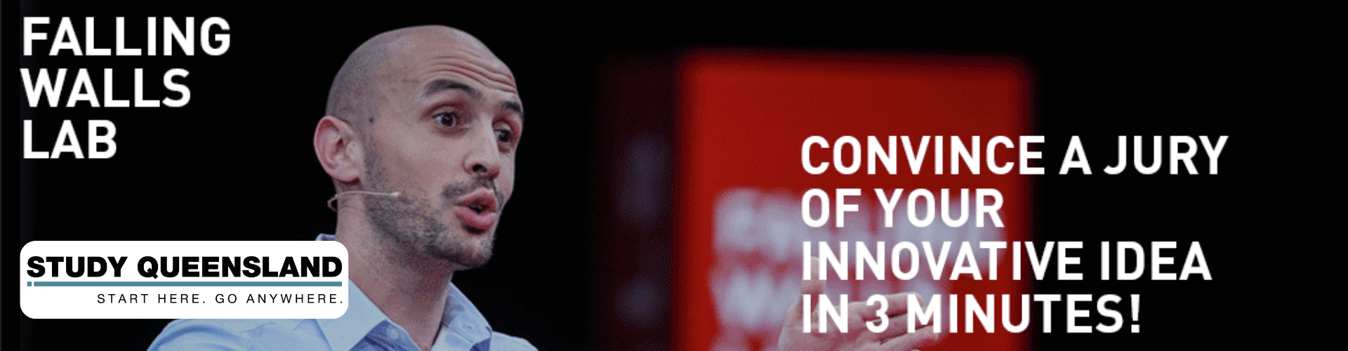 A man speaks on stage with text promoting the Falling Walls Lab: "Convince a jury of your innovative idea in 3 minutes!" and a Study Queensland logo.