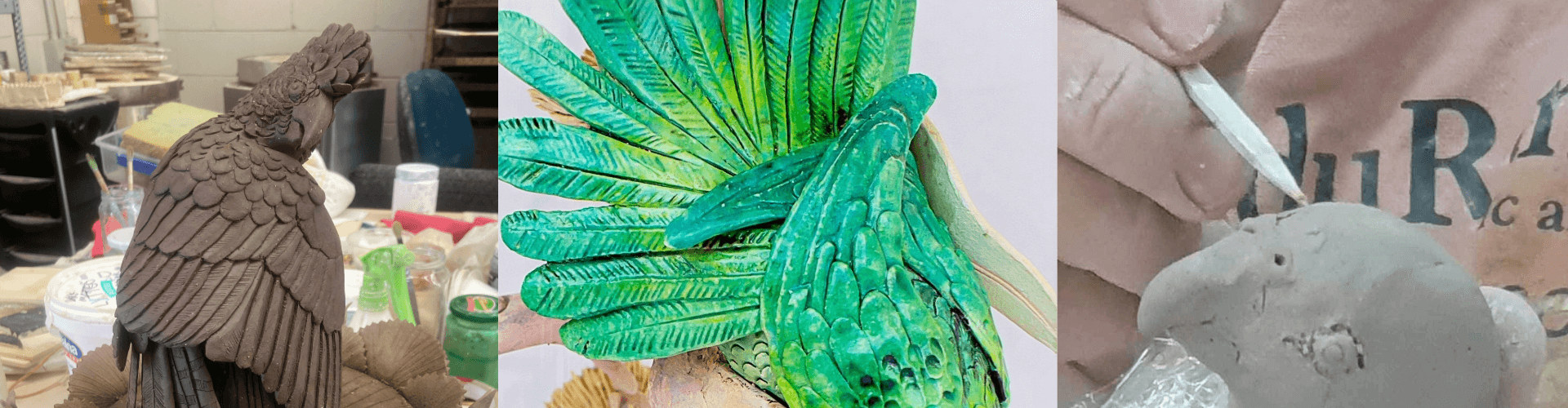 Three panels show the stages of creating a bird sculpture: clay modeling, painting green feathers, and an artist shaping clay with a tool.