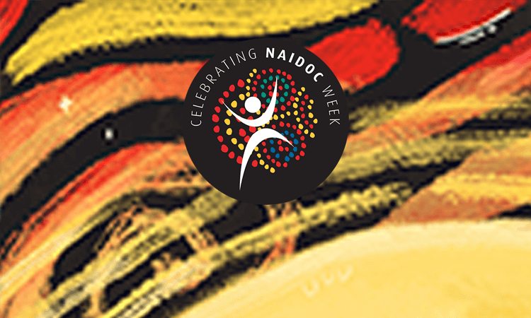 A circular NAIDOC Week logo with a stylized figure and colored dots is displayed on a vibrant, abstract background of black, yellow, and red brushstrokes.