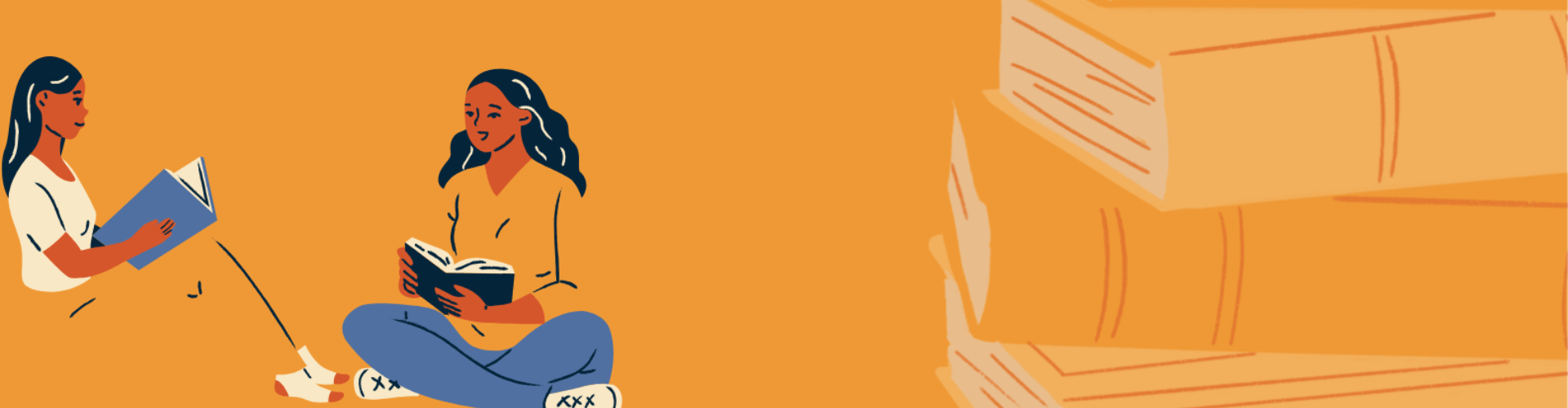 Illustration of two women sitting and reading books, with a large stack of books on the right side against an orange background.