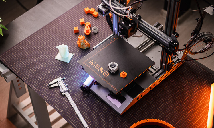 A desktop 3D printer with various 3D-printed objects, including gears and a hand model, sits on a gridded work surface alongside a caliper.