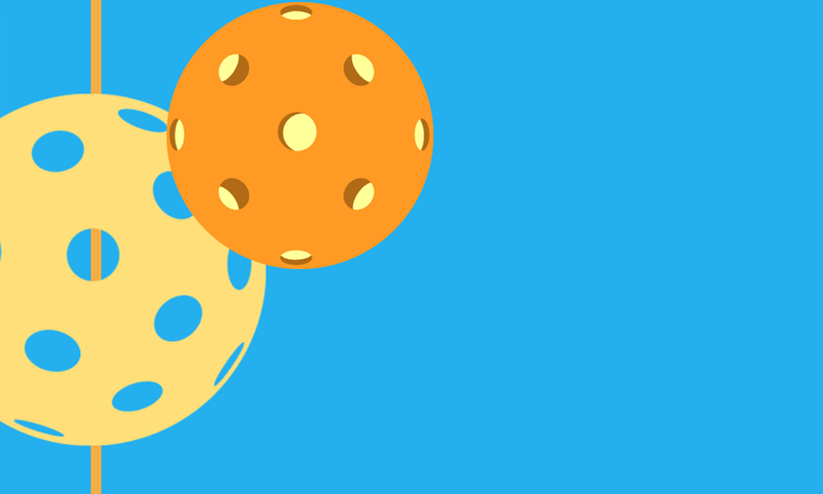 Two perforated plastic balls, one yellow and one orange, overlap on a blue background. The yellow ball is partially visible behind the orange ball.