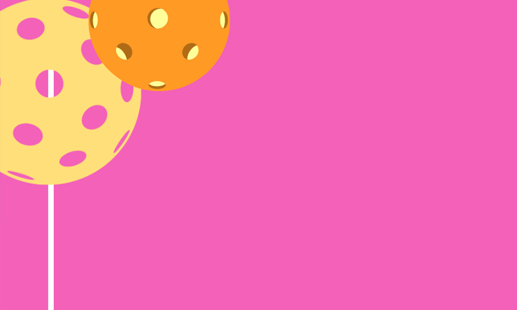 Two polka-dotted balloons, one yellow and one orange, on white strings against a solid pink background.