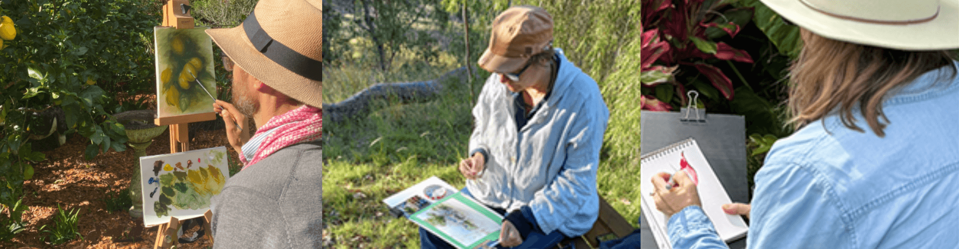 Three people outdoors paint or sketch on paper using easels or clipboards, surrounded by greenery and wearing hats and casual clothing.