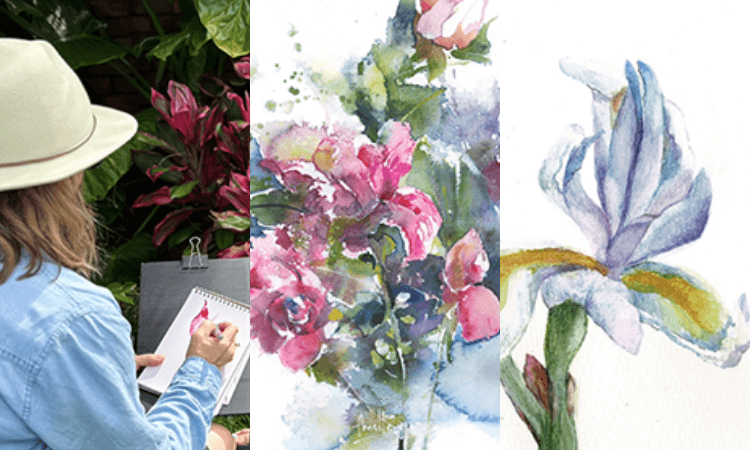A person sketches flowers outdoors beside watercolor paintings of pink and purple flowers displayed side by side.