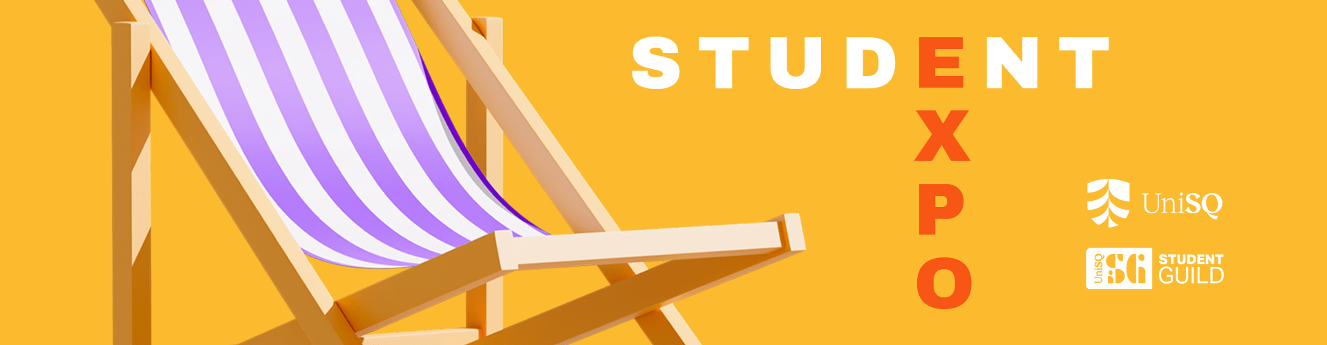 A wooden deck chair with blue and white stripes in front of a yellow background with "Student Expo" and logos for Student Guild and UniSQ.