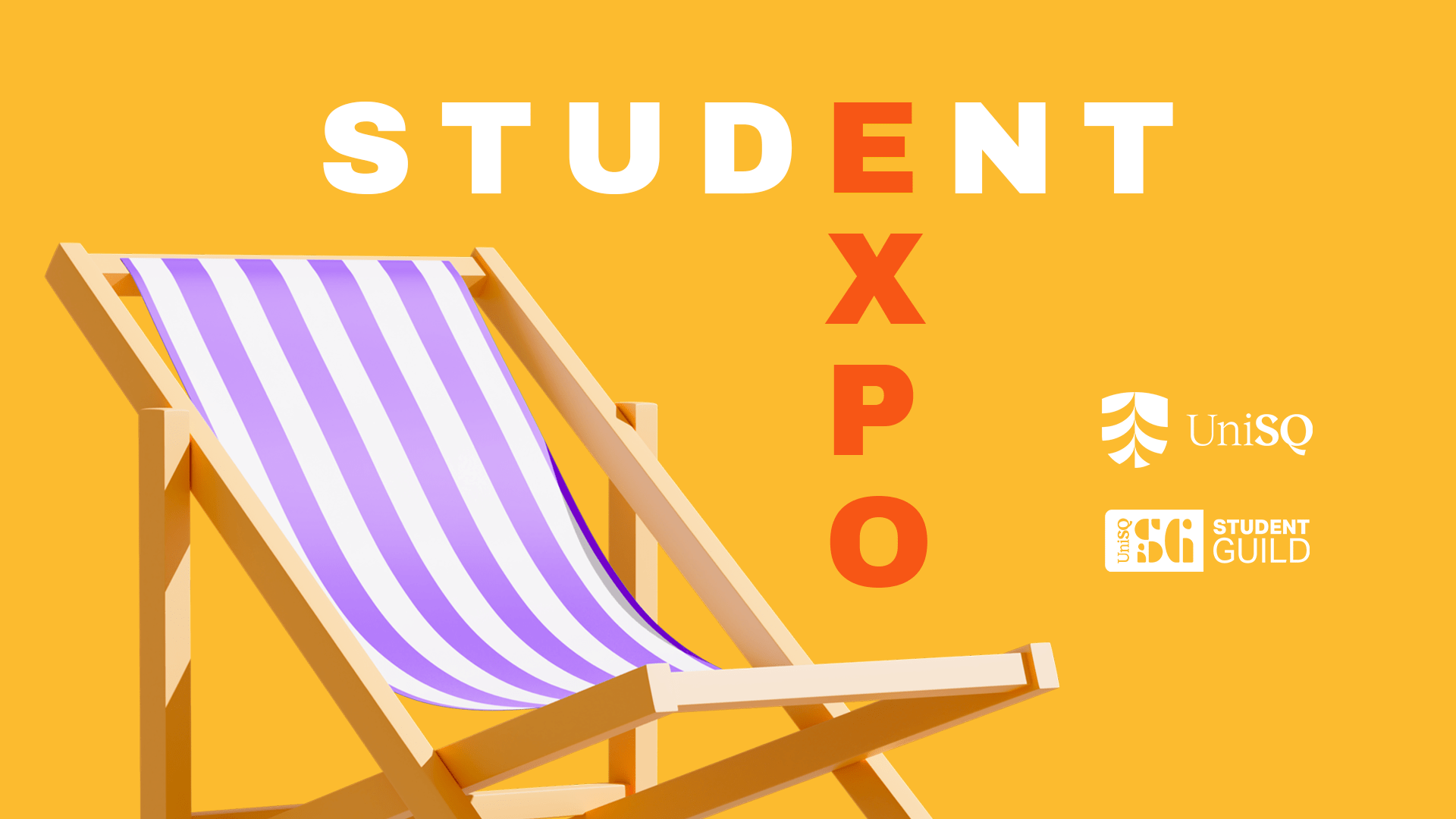 A striped deck chair on a yellow background with text: "STUDENT EXPO" and logos for Student Guild and UniSQ.