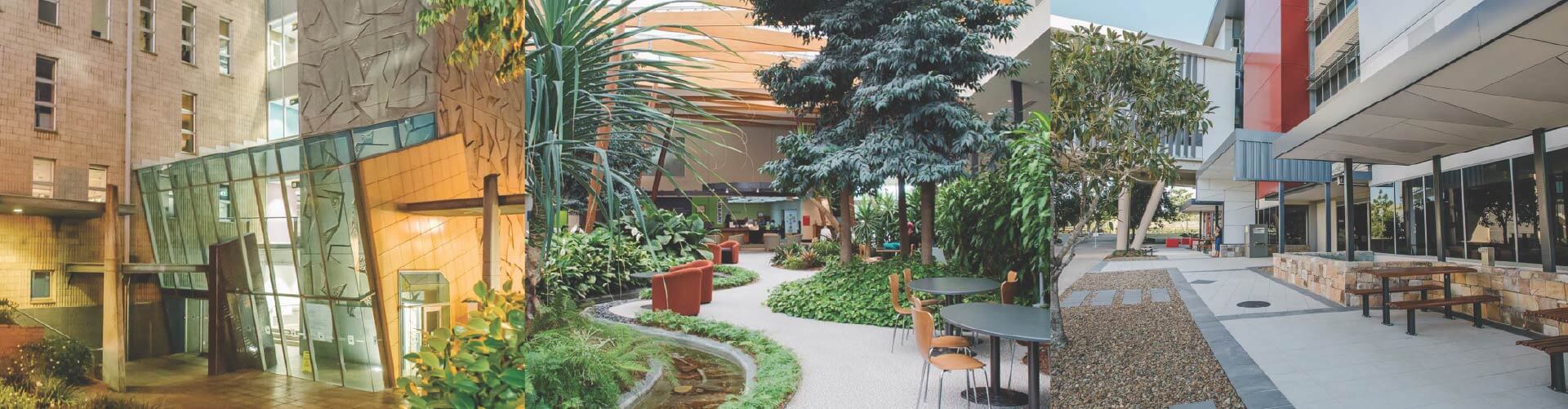 Outdoor campus courtyard with modern buildings, trees, benches, and tables, featuring landscaped greenery and shaded walkways.