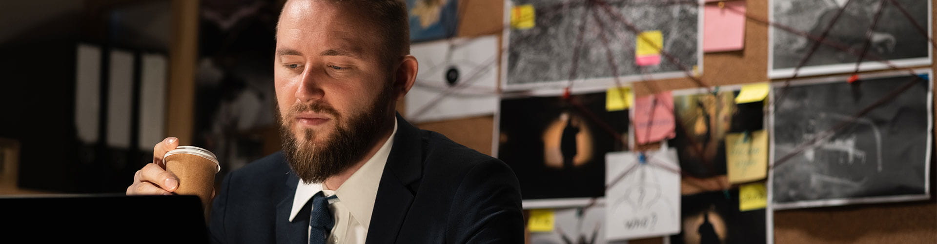 Man in suit holding coffee cup looks at laptop; behind him is a corkboard with photos, notes, string, and post-its, suggesting an investigative or detective work setting.