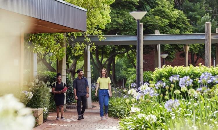 Three people walking through a campus garden with blooming flowers.