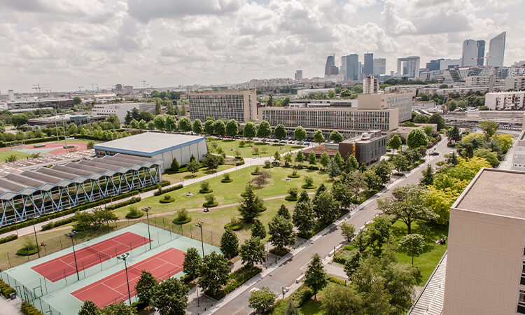Aerial view of a city park with tennis courts, green spaces, and a distant skyline of skyscrapers under a partly cloudy sky.