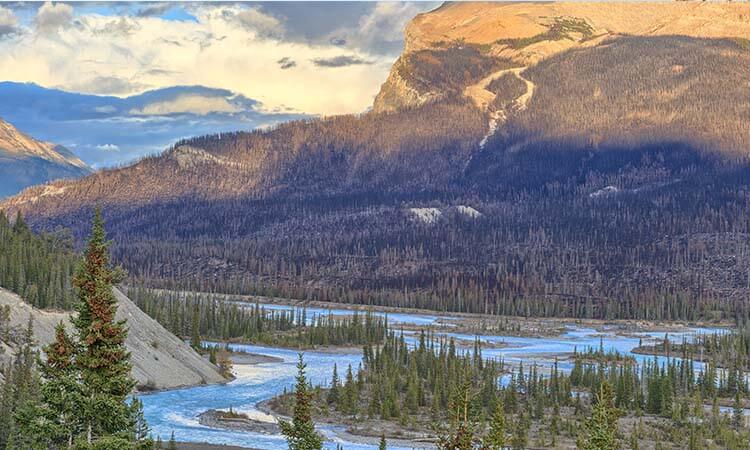 A winding river flows through a forested valley with evidence of a past wildfire, set against a backdrop of mountains and a partly cloudy sky.