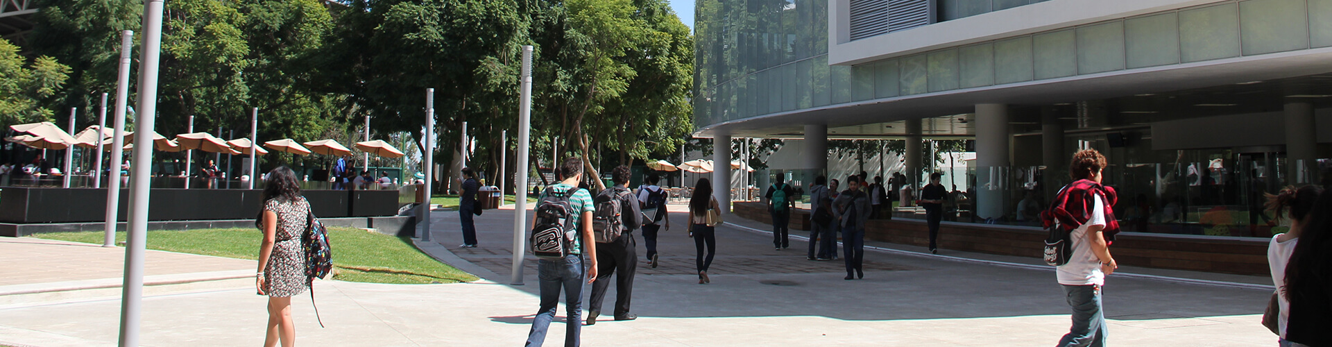 People walking across a modern university campus on a sunny day.