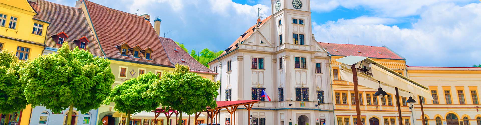 European town square with classical architecture and lush green trees under a partly cloudy sky.