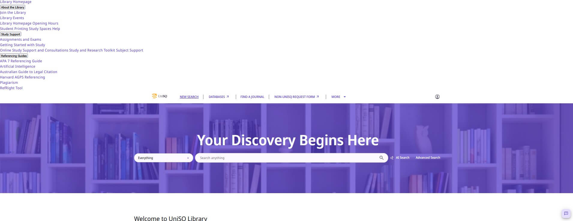 Screenshot of a library website homepage with a purple background, search bar, navigation menu, and the text “Your Discovery Begins Here.”.