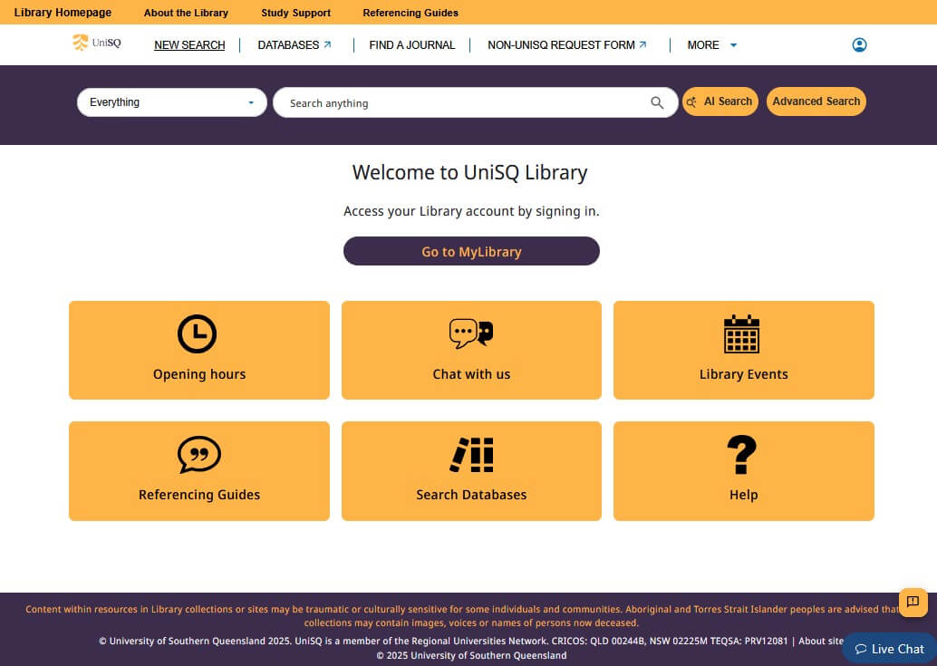 Screenshot of the UniSQ Library homepage showing navigation buttons for opening hours, chat, events, referencing guides, search databases, and MyLibrary access.