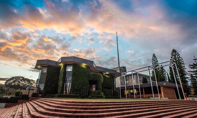 building at dusk