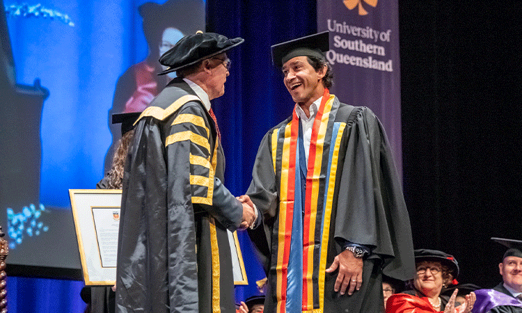 Johnathan Thurston AM was awarded Fellow of the University by Chancellor John Dornbusch at a University of Southern Queensland graduation ceremony in Toowoomba yesterday.