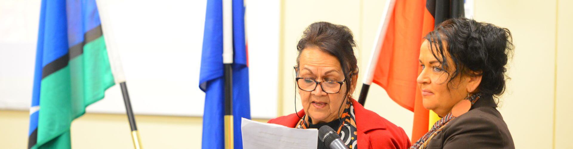 flags in background of lady giving speech