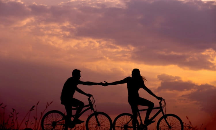 Two cyclists holding hands against a sunset backdrop.