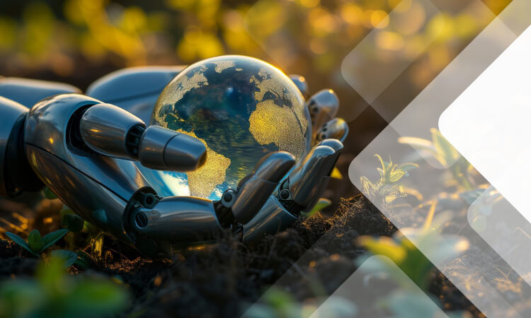 An image of a robot holding a globe in front of a green field.