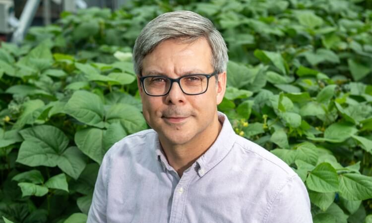 A man wearing glasses and a light button-up shirt stands in front of lush green plants.