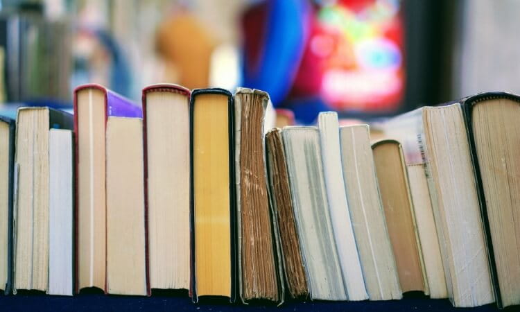 A row of various hardcover and paperback books standing upright on a surface, with some visible wear on the spines. Background is blurred with various colors.