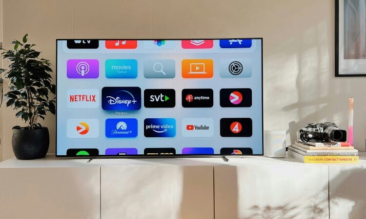 A flat-screen TV displays various streaming app icons. On the white cabinet below are a plant, a camera, books, and a candle.