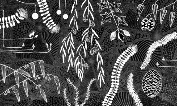 Black and white illustration depicting various botanical elements, including leaves, seeds, branches, ferns, and a pine cone, arranged in an intricate, detailed pattern.